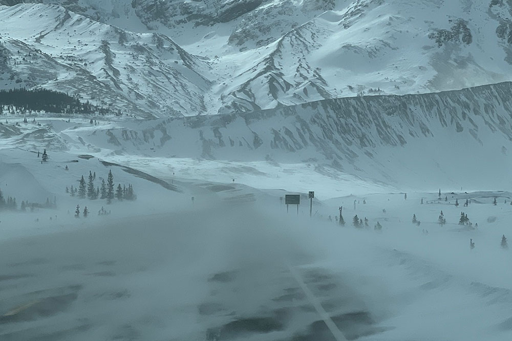 A wind-whipped Icefield Parkway, Canada.