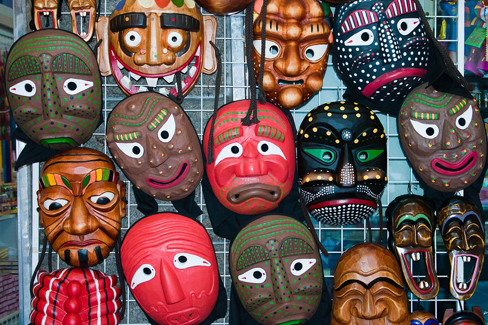 Traditional masks in shop in Insadong, South Korea.
