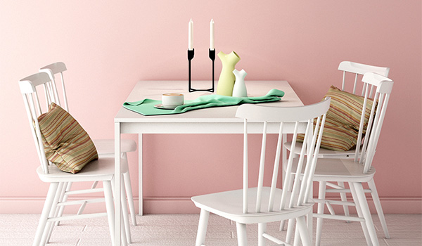 wattyl pink wallpaper and white dining table with chairs
