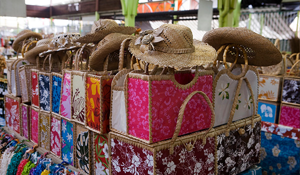 Polynesian handbags for sale at Papeete Market.