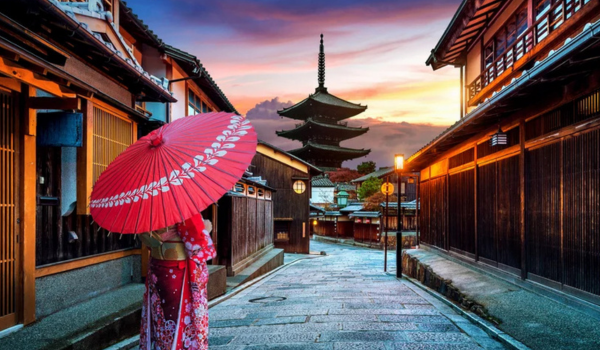 japan kimono lady walking through street with umbrella